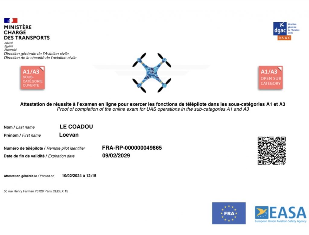 Diplôme télépilote A1 et A3 - DGAC - 2LC Production - Loevan Le Coadou